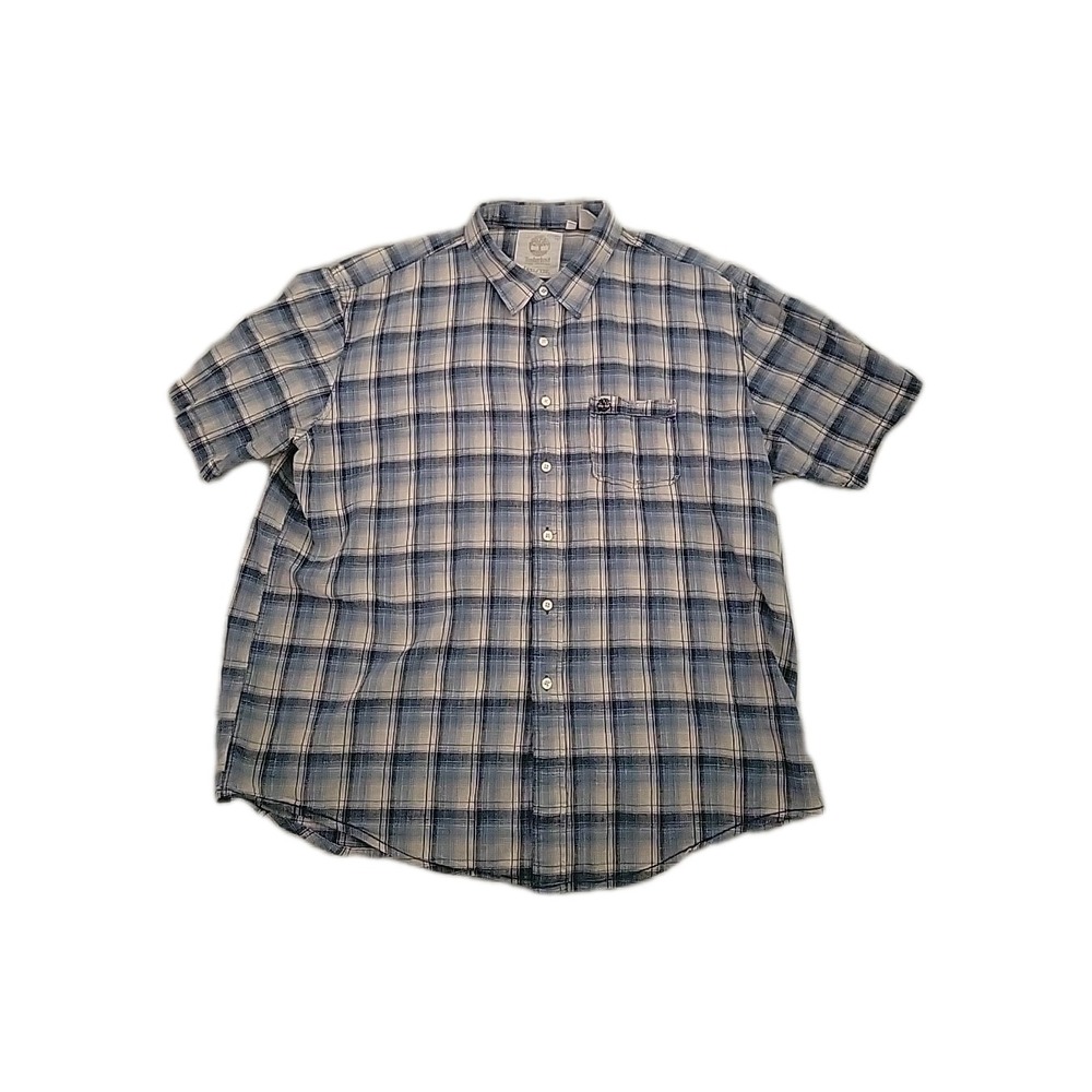 Timberland Shirt Mens Size 2XL Blue White Plaid Earthkeepers Short Sleeve Button